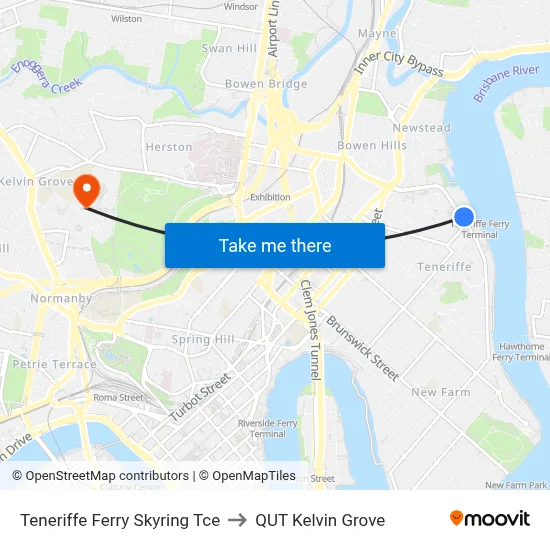 Teneriffe Ferry Skyring Tce to QUT Kelvin Grove map