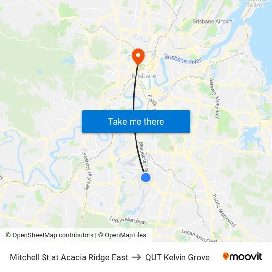 Mitchell St at Acacia Ridge East to QUT Kelvin Grove map