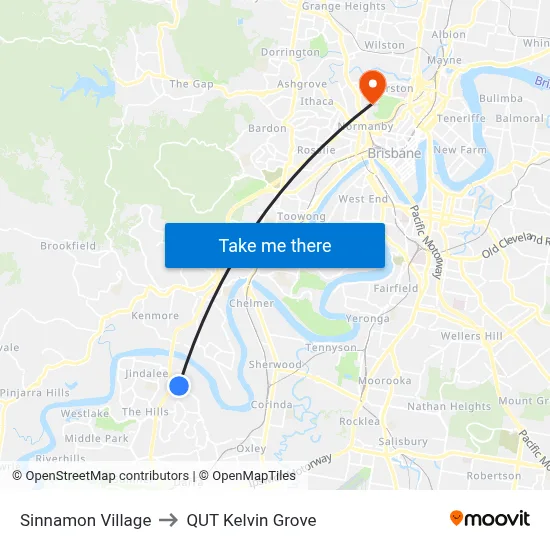 Sinnamon Village to QUT Kelvin Grove map