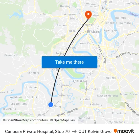 Canossa Private Hospital, Stop 70 to QUT Kelvin Grove map
