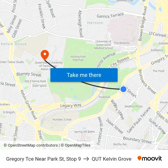 Gregory Tce Near Park St, Stop 9 to QUT Kelvin Grove map