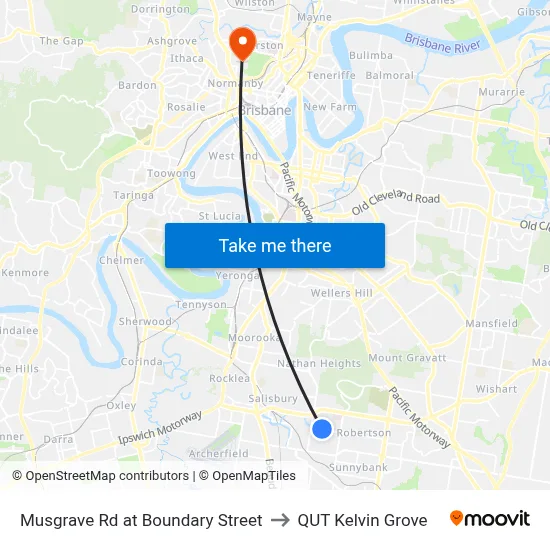 Musgrave Rd at Boundary Street to QUT Kelvin Grove map