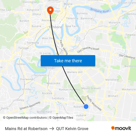 Mains Rd at Robertson to QUT Kelvin Grove map