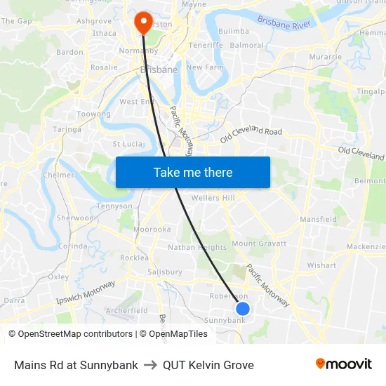 Mains Rd at Sunnybank to QUT Kelvin Grove map
