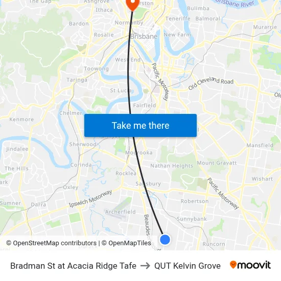 Bradman St at Acacia Ridge Tafe to QUT Kelvin Grove map