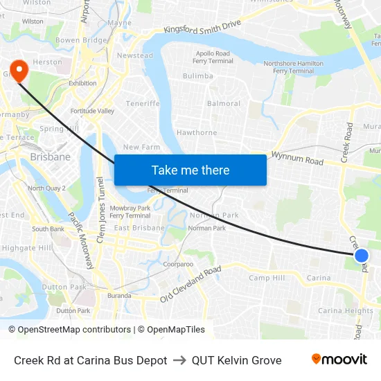 Creek Rd at Carina Bus Depot to QUT Kelvin Grove map