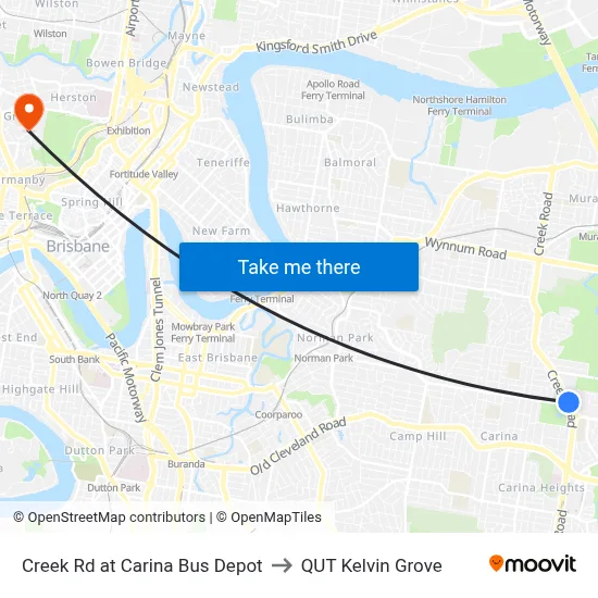 Creek Rd at Carina Bus Depot to QUT Kelvin Grove map