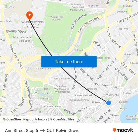 Ann Street Stop 6 to QUT Kelvin Grove map