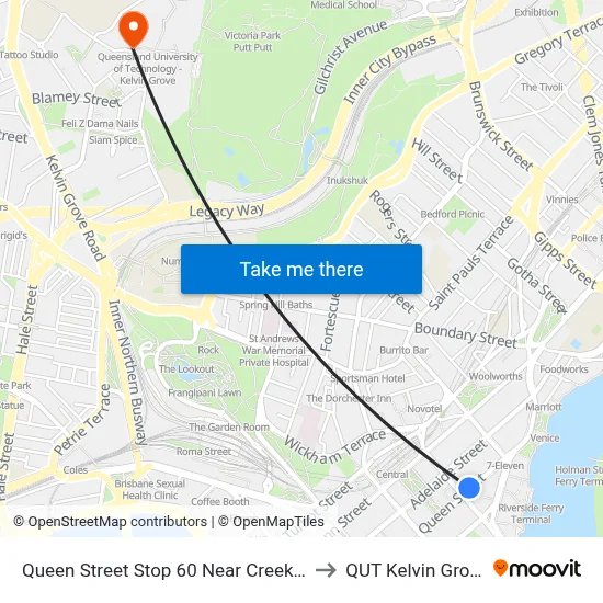 Queen Street Stop 60 Near Creek St to QUT Kelvin Grove map