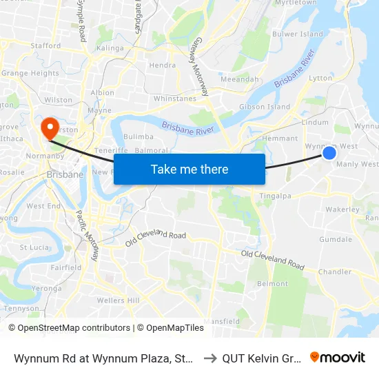 Wynnum Rd at Wynnum Plaza, Stop 58 to QUT Kelvin Grove map