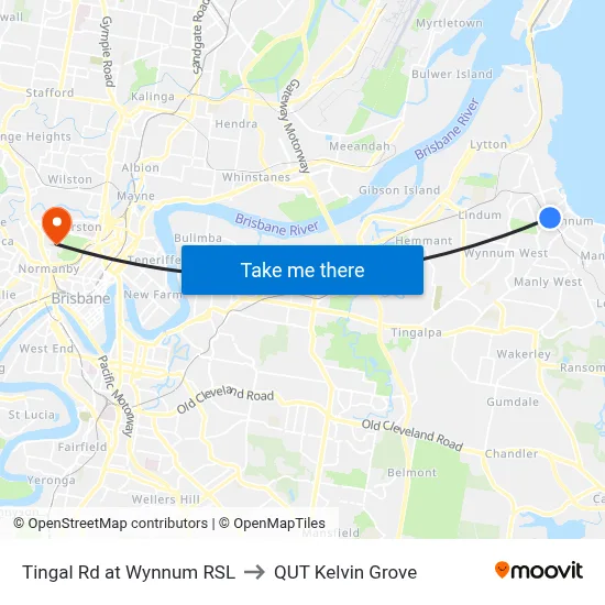 Tingal Rd at Wynnum RSL to QUT Kelvin Grove map