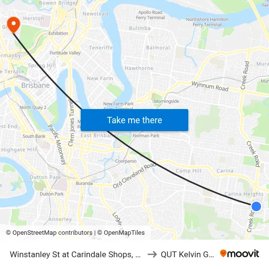 Winstanley St at Carindale Shops, Stop 49 to QUT Kelvin Grove map