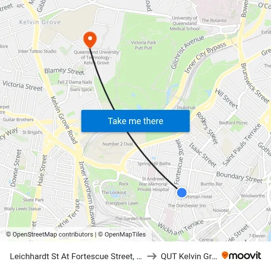 Leichhardt St At Fortescue Street, Stop 1 to QUT Kelvin Grove map