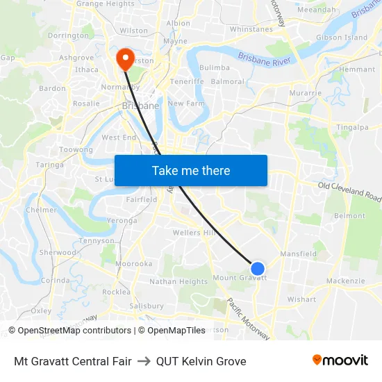 Mt Gravatt Central Fair to QUT Kelvin Grove map