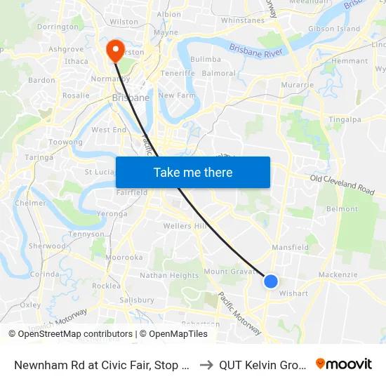 Newnham Rd at Civic Fair, Stop 73 to QUT Kelvin Grove map