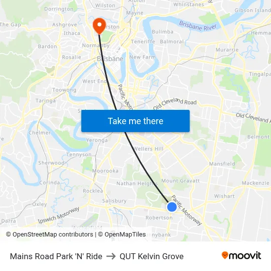 Mains Road Park 'N' Ride to QUT Kelvin Grove map