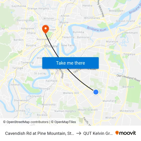 Cavendish Rd at Pine Mountain, Stop 52 to QUT Kelvin Grove map