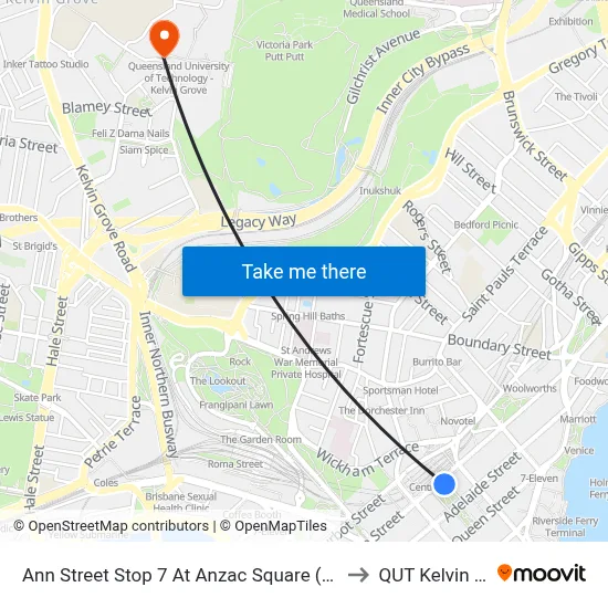 Ann Street Stop 7 At Anzac Square (Temp Closed) to QUT Kelvin Grove map