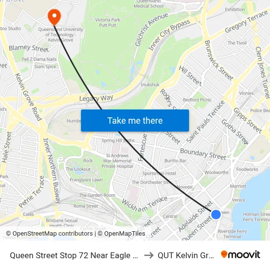 Queen Street Stop 72 Near Eagle Lane to QUT Kelvin Grove map