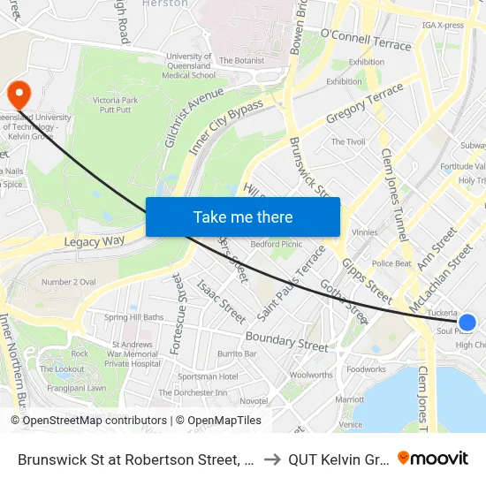 Brunswick St at Robertson Street, Stop 5 to QUT Kelvin Grove map