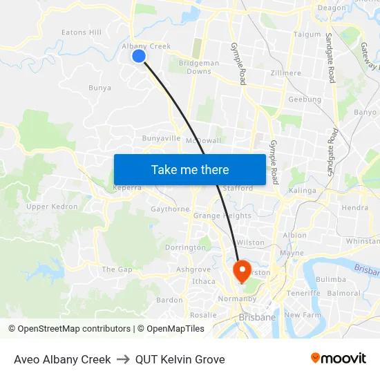 Aveo Albany Creek to QUT Kelvin Grove map