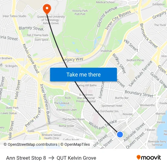 Ann Street Stop 8 to QUT Kelvin Grove map
