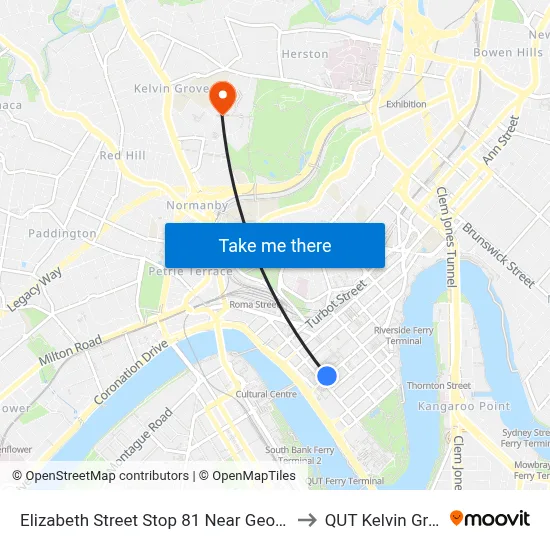 Elizabeth Street Stop 81 Near George St to QUT Kelvin Grove map