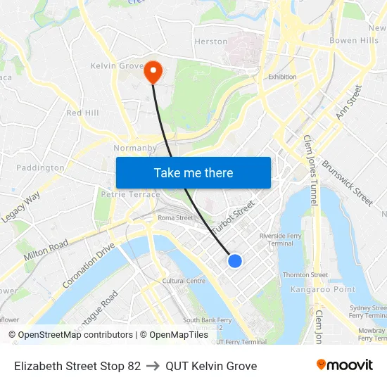 Elizabeth Street Stop 82 to QUT Kelvin Grove map
