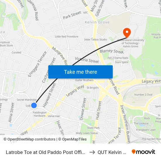 Latrobe Tce at Old Paddo Post Office, Stop 8 to QUT Kelvin Grove map