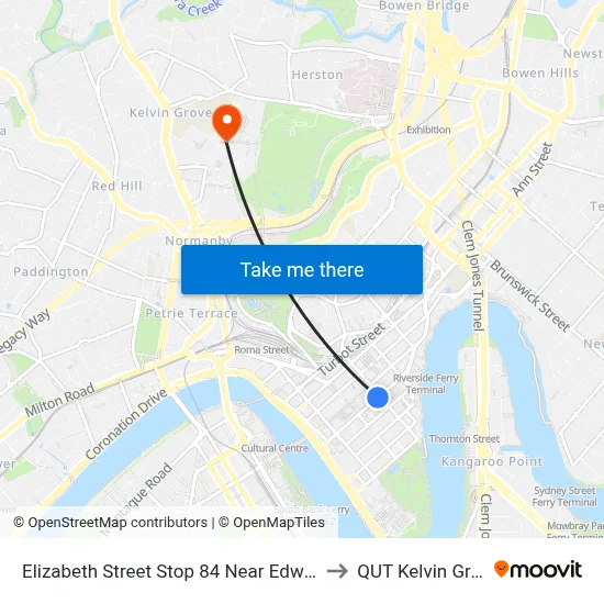 Elizabeth Street Stop 84 Near Edward St to QUT Kelvin Grove map