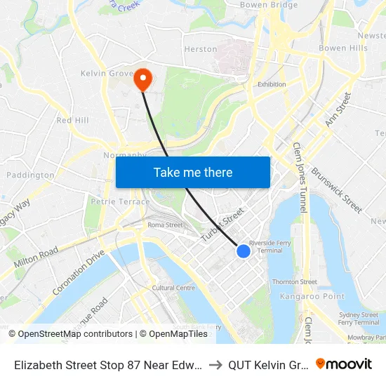 Elizabeth Street Stop 87 Near Edward St to QUT Kelvin Grove map