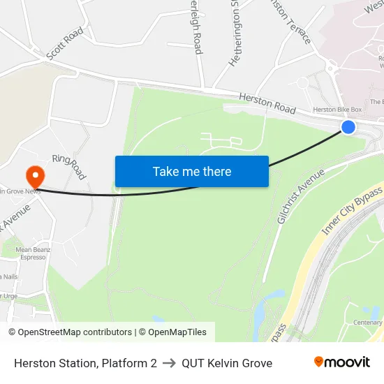 Herston Station, Platform 2 to QUT Kelvin Grove map