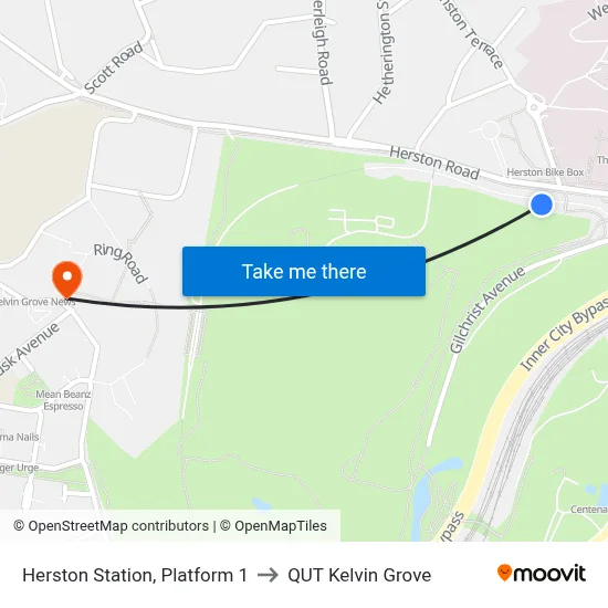 Herston Station, Platform 1 to QUT Kelvin Grove map