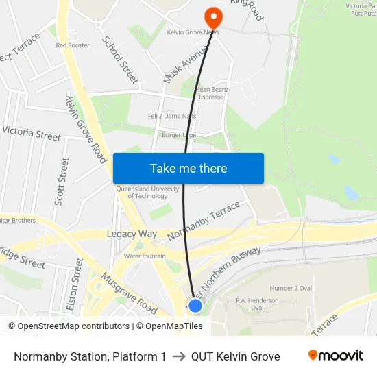 Normanby Station, Platform 1 to QUT Kelvin Grove map