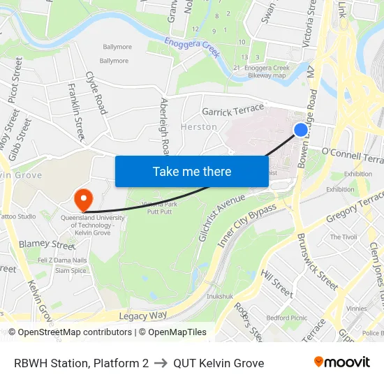 RBWH Station, Platform 2 to QUT Kelvin Grove map