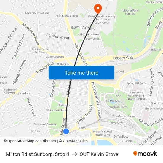 Milton Rd at Suncorp, Stop 4 to QUT Kelvin Grove map