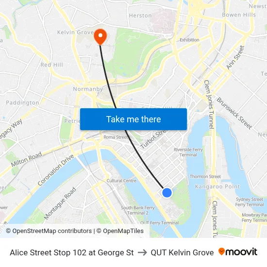Alice Street Stop 102 at George St to QUT Kelvin Grove map