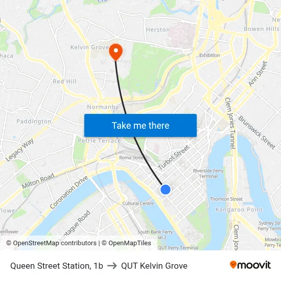 Queen Street Station, 1b to QUT Kelvin Grove map