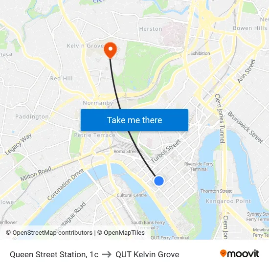 Queen Street Station, 1c to QUT Kelvin Grove map