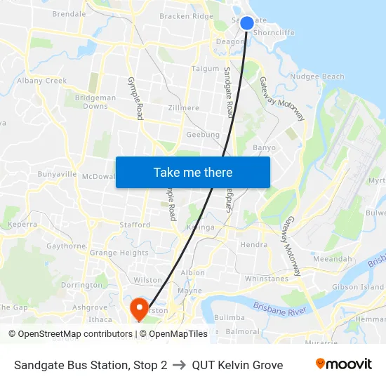 Sandgate Bus Station, Stop 2 to QUT Kelvin Grove map