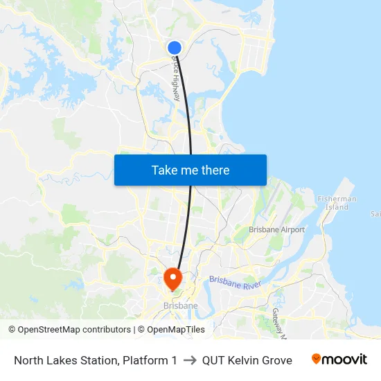 North Lakes Station, Platform 1 to QUT Kelvin Grove map