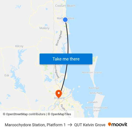 Maroochydore Station, Platform 1 to QUT Kelvin Grove map