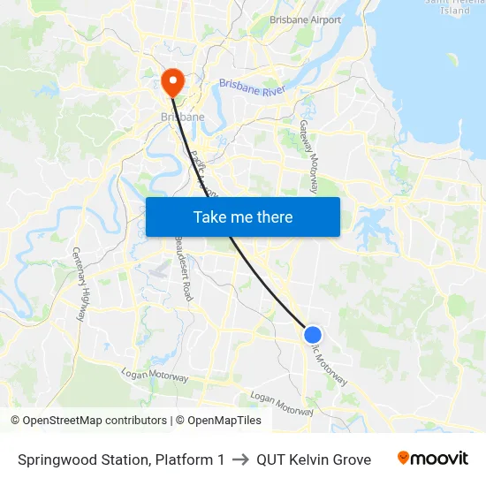 Springwood Station, Platform 1 to QUT Kelvin Grove map