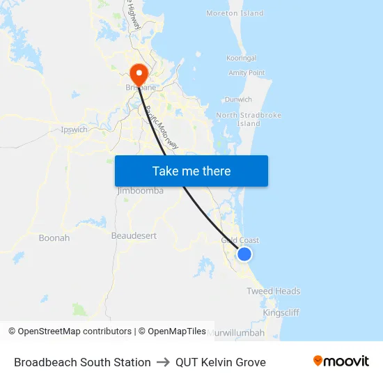 Broadbeach South Station to QUT Kelvin Grove map