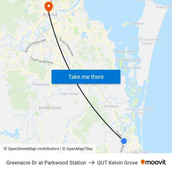 Greenacre Dr at Parkwood Station to QUT Kelvin Grove map