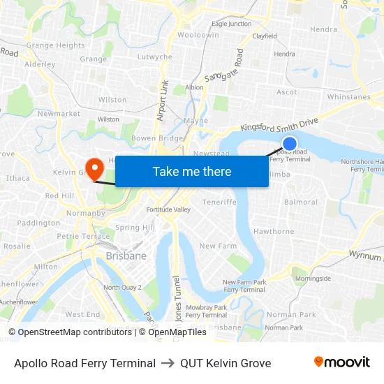 Apollo Road Ferry Terminal to QUT Kelvin Grove map
