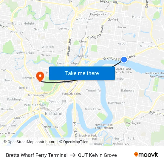 Bretts Wharf Ferry Terminal to QUT Kelvin Grove map