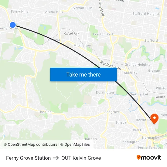 Ferny Grove Station to QUT Kelvin Grove map