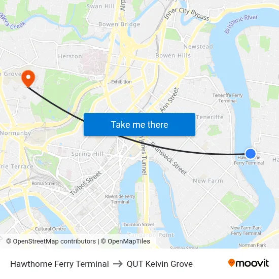 Hawthorne Ferry Terminal to QUT Kelvin Grove map