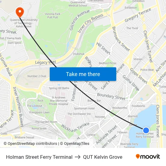 Holman Street Ferry Terminal to QUT Kelvin Grove map